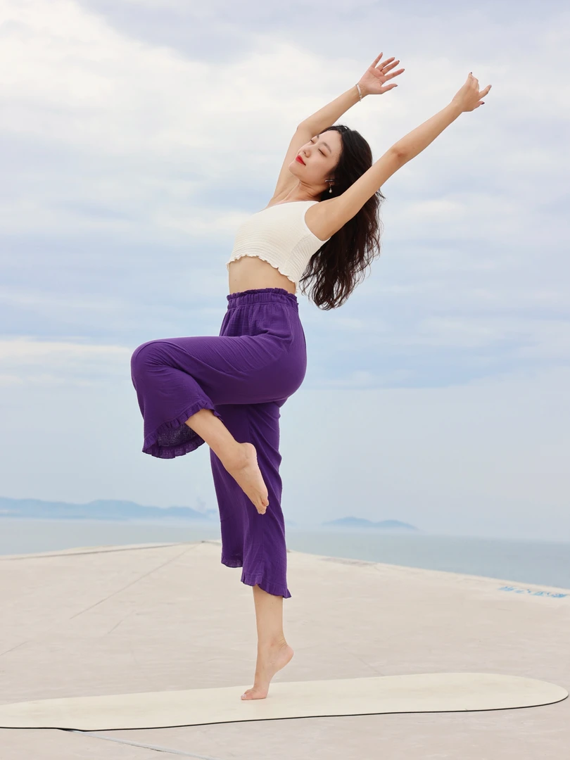 紫色花边瑜伽裤婴儿棉纱透气巴厘岛风休闲裤内观流瑜伽服