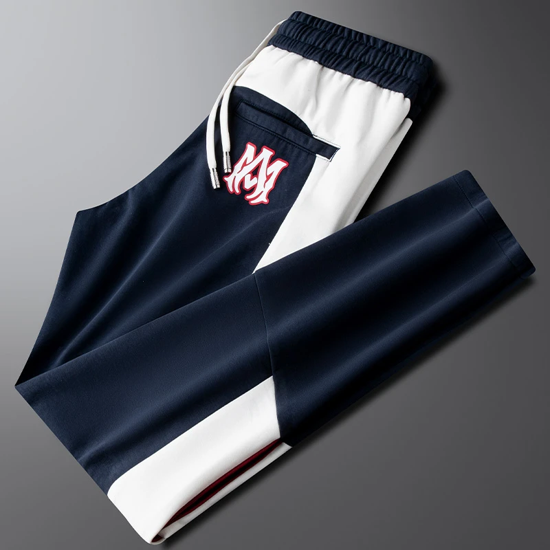 轻奢撞色拼接休闲裤男修身直筒2025新款秋冬厚款太空棉运动卫裤潮