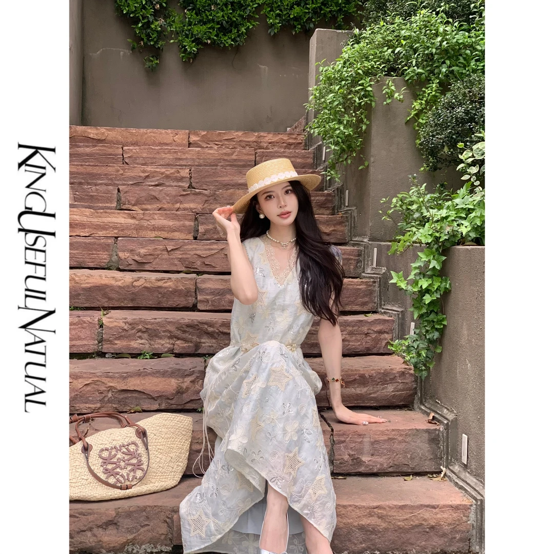KUN【春日协奏曲】度假c位 肌理炒色工艺纯手工镂空绣花腰带连衣裙