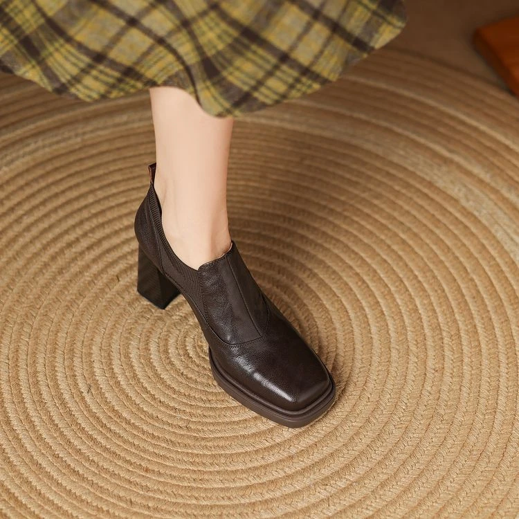 头层羊皮~7.5cm粗跟深口单鞋时尚百搭真皮复古高跟英伦风方头女鞋