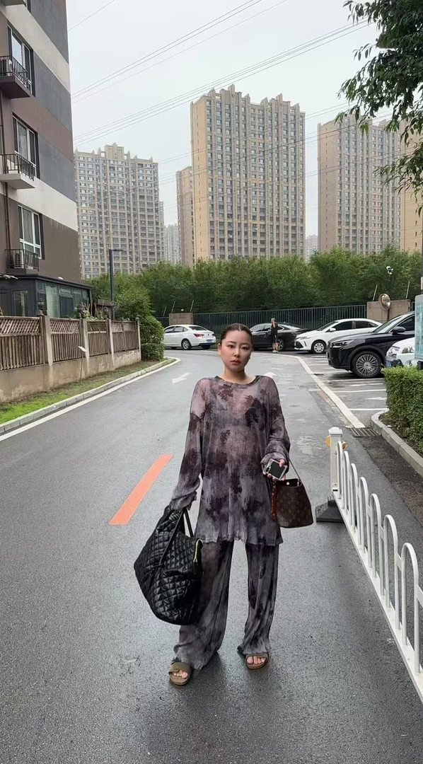2025年网红同款印花微透上衣长裤空调衫套装