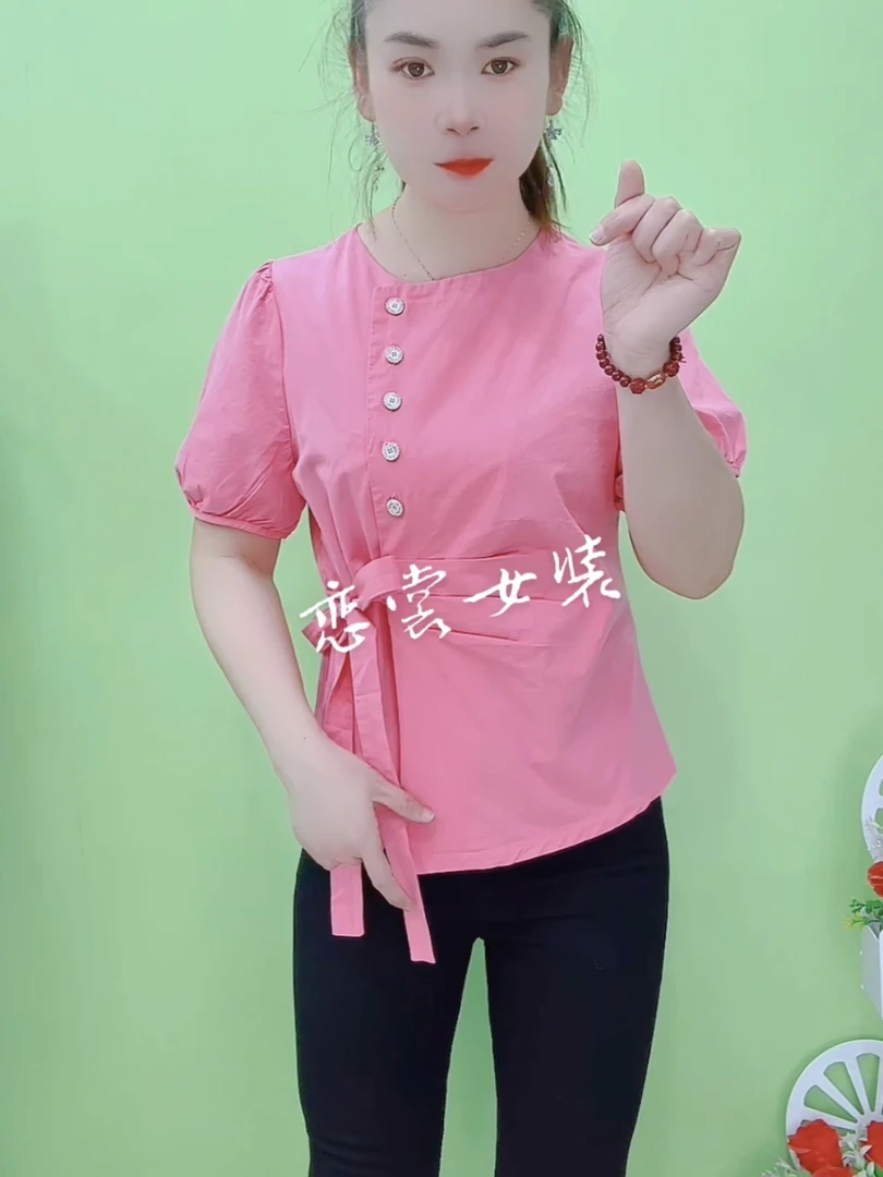 夏季洋气短款纯色修身时尚不规则绑带短袖气质衬衫上衣