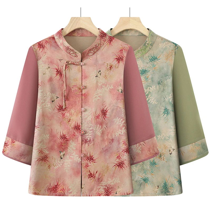 新款中老年人夏装奶奶衬衫妈妈衣服国风老太太七分衬衣上衣夏季