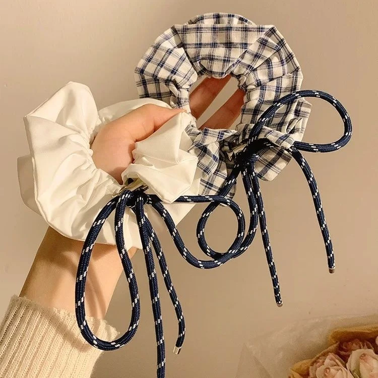 韩系ins蓝色格子蝴蝶结大肠发圈女高级感大号扎头发百搭头绳发饰