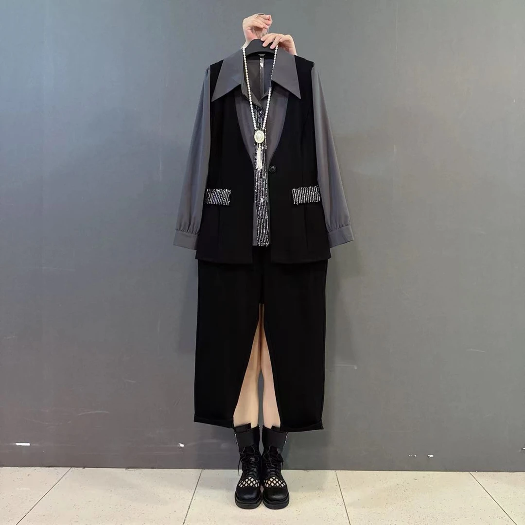 亮片衬衫V领马甲休闲长裤胖MM秋季新款OL通勤风三件套