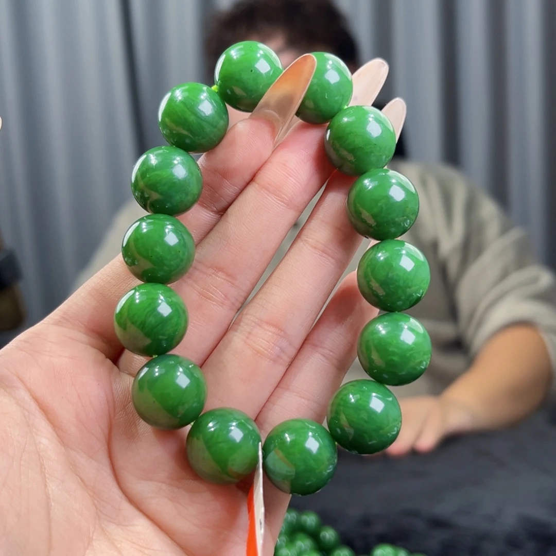 和田玉未镶嵌手串天然和田玉俄碧辣阳绿手串16