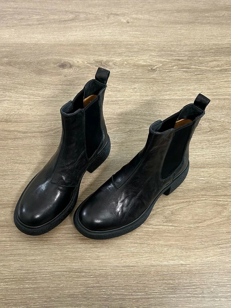 羊皮版~厚底一脚蹬短靴英伦风一脚蹬通勤靴子小个子增高瘦瘦靴女