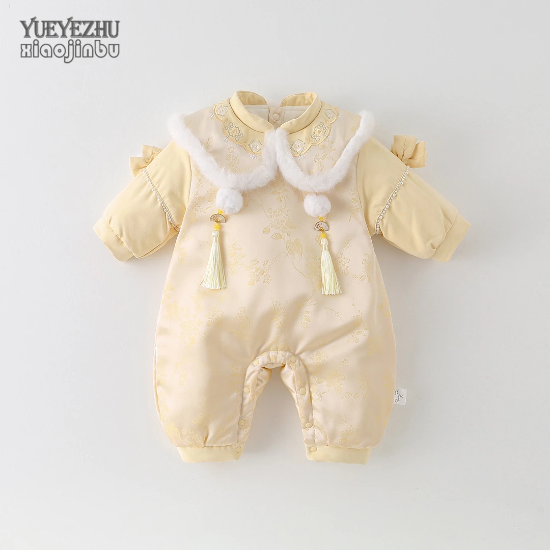 百天婴儿衣服秋冬夹棉薄棉女宝宝新中式连体衣深秋装公主周岁礼服