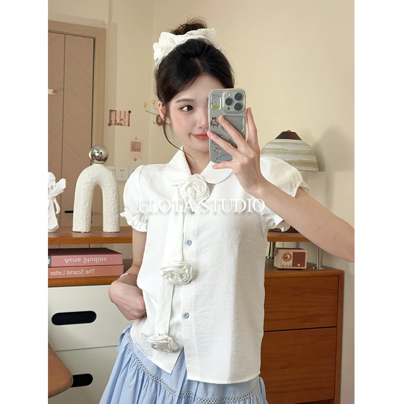 【flota】清冷风polo衬衫可拆卸立体玫瑰花绑带设计感白衬衣1611