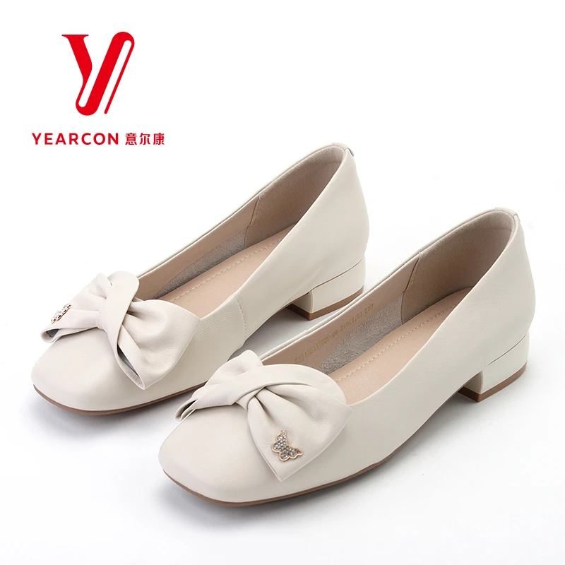 意尔康春季新款时尚真皮舒适浅口平底方头女单鞋11192Y