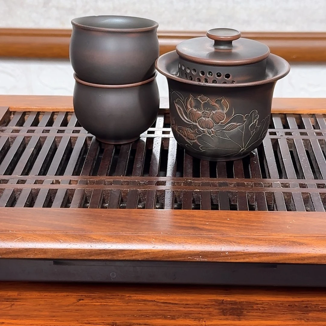 坭兴陶全手工制作坭兴陶连年有余盖碗精品