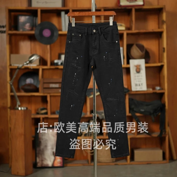 秋冬季原创美式泼墨破洞男士黑色牛仔裤修身弹力休闲潮牌百搭个性