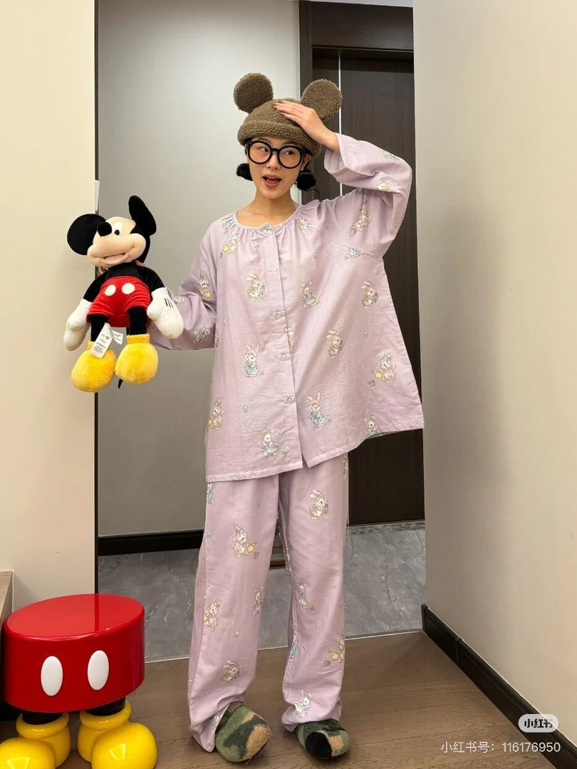 大码宽松春秋季睡衣女紫色可爱圆领长袖长裤套装可外穿家居服