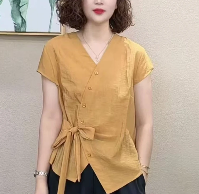 2025夏季时尚新款洋气系带不规则V领短袖T恤减龄百搭上衣女