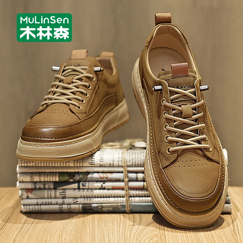木林森板鞋男2025秋季新款复古皮面防水厚底耐磨增高一脚蹬休闲鞋