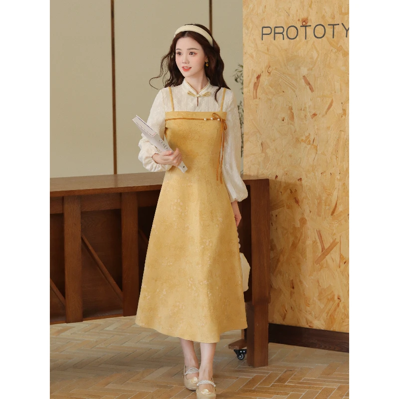 瑶西【繁花锦书】长裙巨好看的秋冬国风原创新中式假两件连衣裙