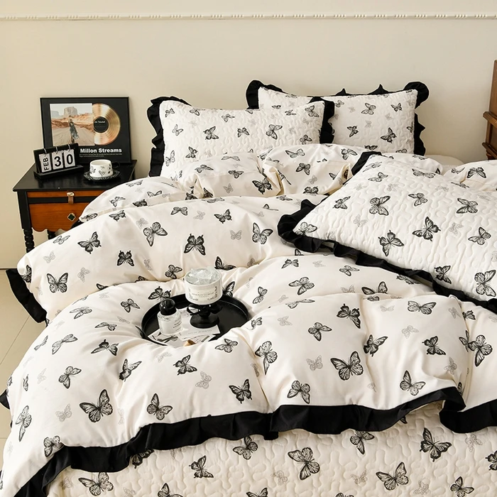 法式赫本风亲肤裸睡防滑床双面床盖花边工艺被套四件套