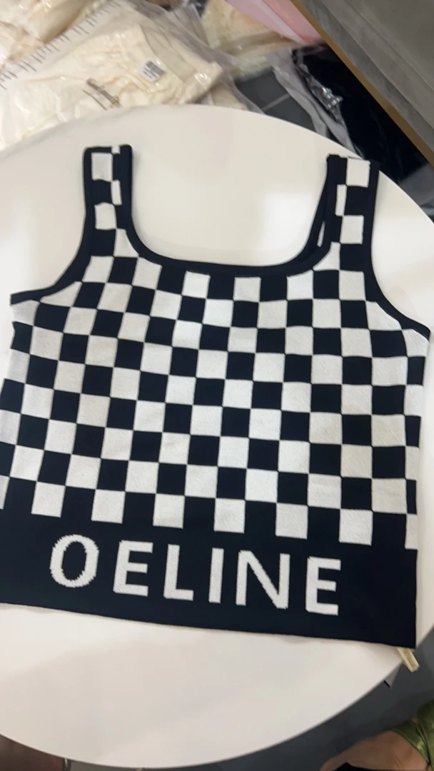 洋气222百搭黑白格方领针织背心内搭性感运动显瘦