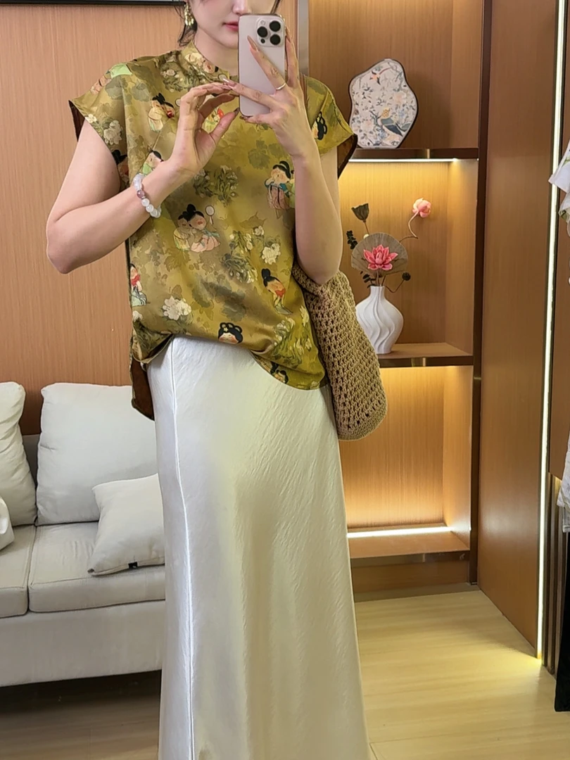 【糖织】新中式斜襟宽松提花短袖气质立领T恤清凉夏款