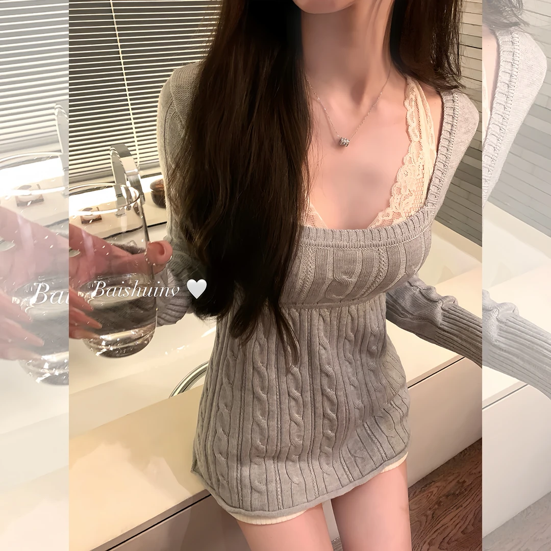 白水女 韩女氛围感 方领麻花针织衫女秋冬氛围感修身温柔纯欲上衣