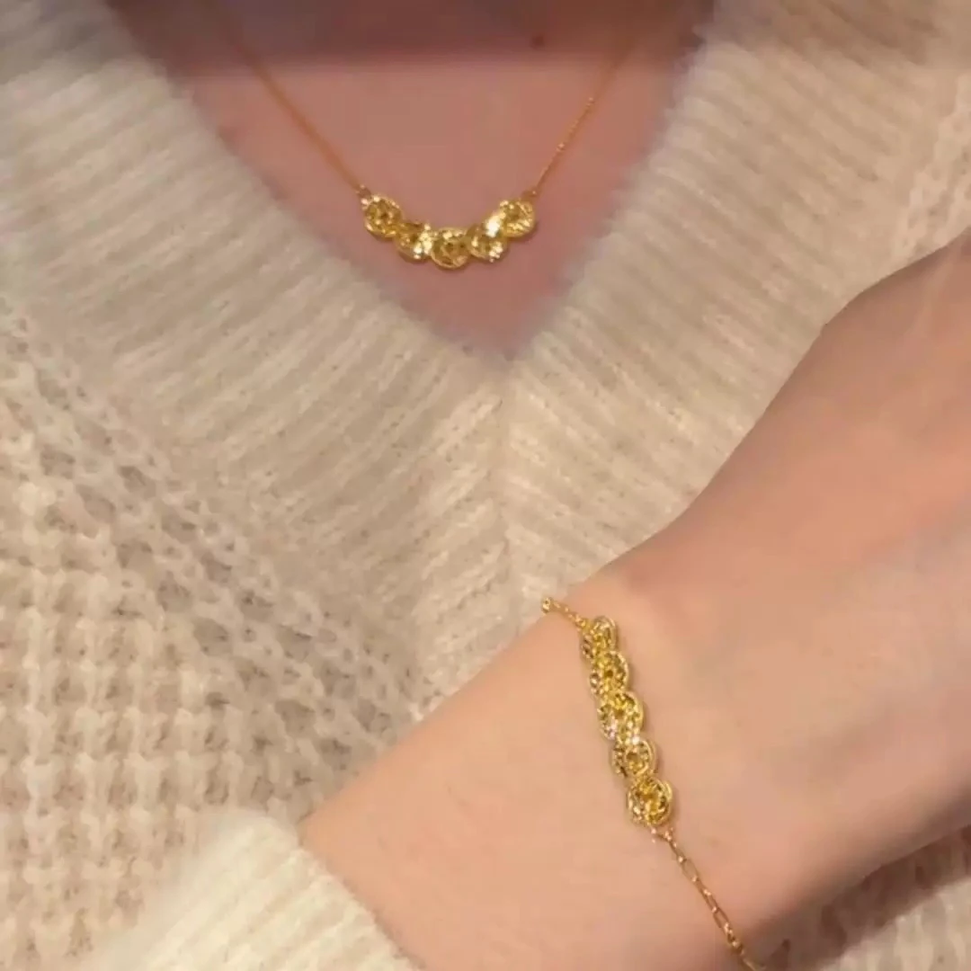 铜合金项链 不掉色 碎冰冰五帝钱项链女款手链轻奢小众气质锁骨链