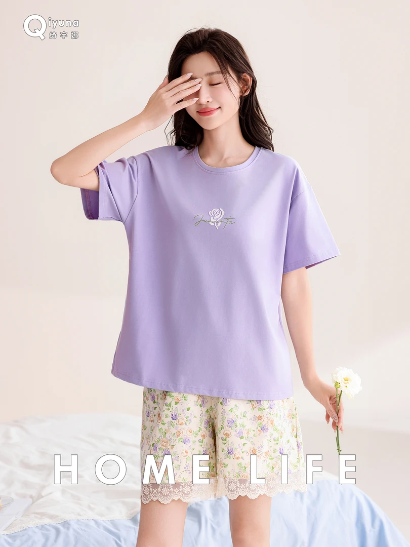 夏季少女薄款短袖蕾丝花裤甜美休闲家居服可外穿棉氨圆领宽松套装