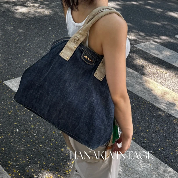 95新 Prada/普拉达 花绮中古/Prada牛仔托特斜挎包