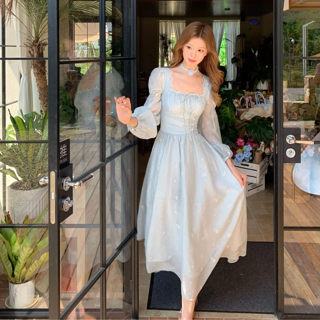 Blovelan素问花语 仙气法式甜美方领泡泡袖收腰长袖连衣裙