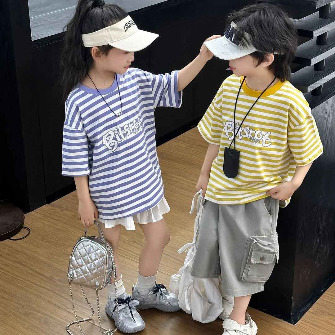 儿童纯棉短袖T恤夏季条纹宝宝短袖T恤休闲洋气圆领时尚百搭