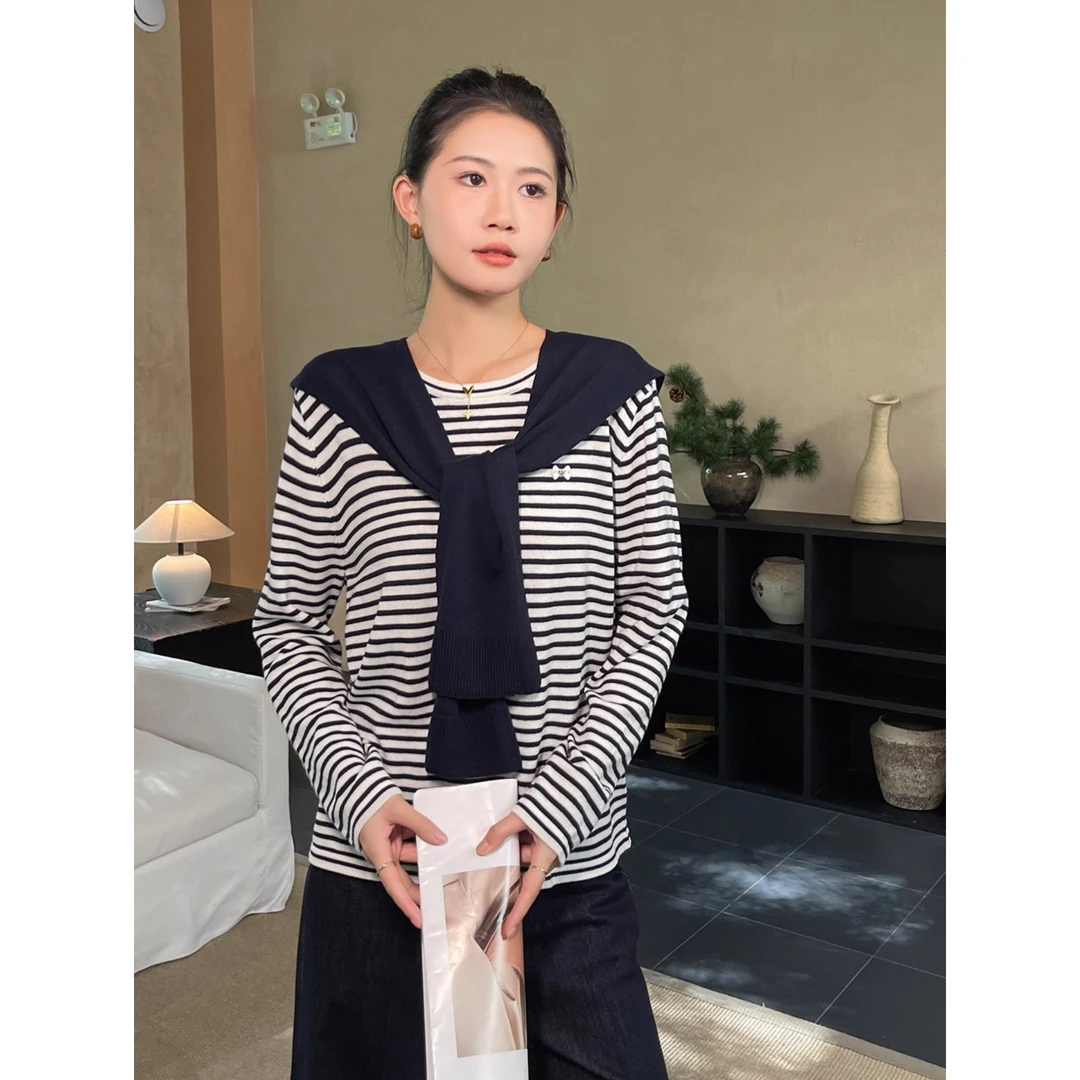 圆领条纹打底衫女2025新款秋季针织长袖t恤休闲上衣披肩两件套装