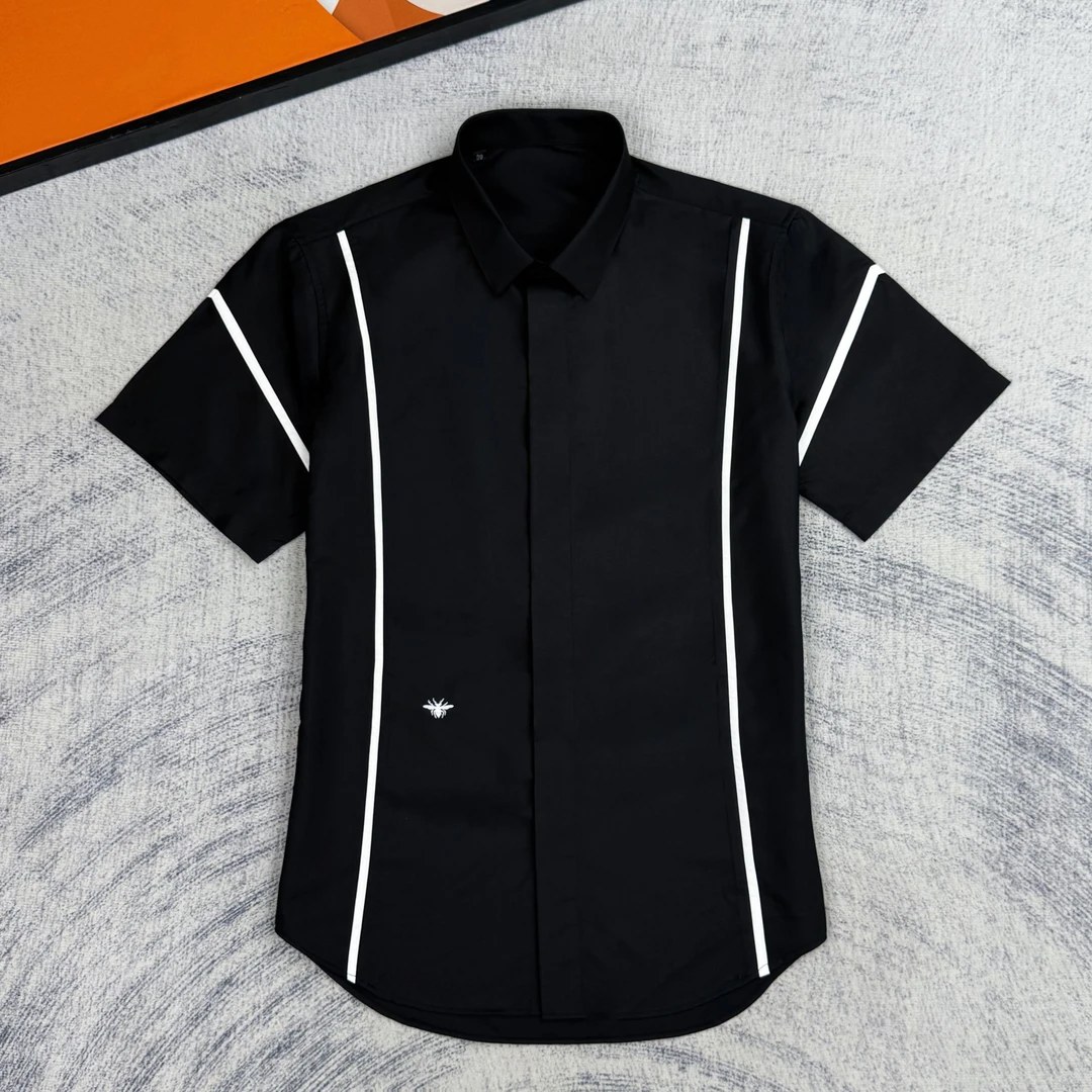 短袖！立体捏褶撞色蜜蜂刺绣时尚商务男装帅气潮流修身衬衫衬衣男