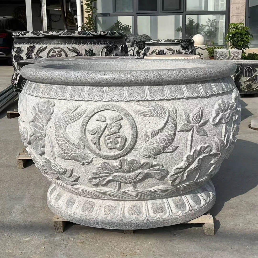 定金   别墅庭院石雕花岗岩圆缸带福字户外养鱼荷花水缸摆件