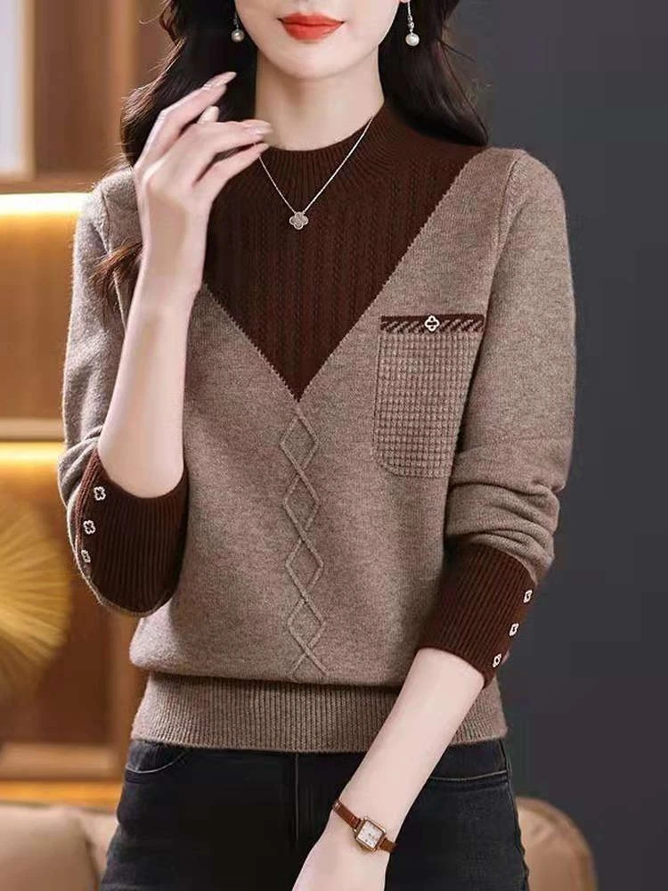 假两件V型羊毛半高领针织衫毛衣女秋冬时尚休闲针织衫羊绒打底衫