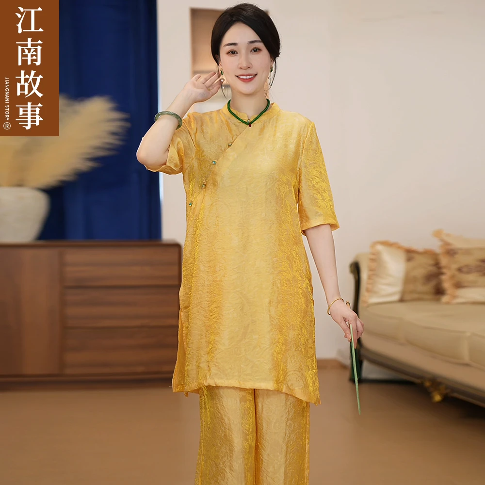 江南故事妈妈装国风宽松气质暗纹印花套装遮肉显瘦洋气时尚两件套