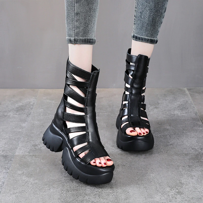 夏季新款露趾罗马凉鞋女厚底高帮凉靴增高镂空马丁靴2611