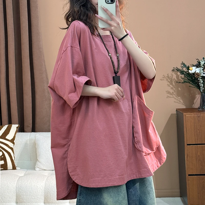 设计感侧边口袋慵懒风圆领休闲风T恤夏季半袖宽松休闲时尚简约女