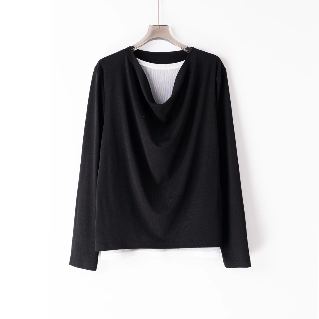 PS241258早春大码胖mm上衣T恤小众设计弹力打底衫长袖上衣假两件