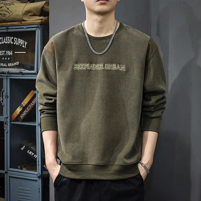 美式覆古欧棉绒肩部拼色圆领卫衣男秋季新款宽松大码休闲上衣外套