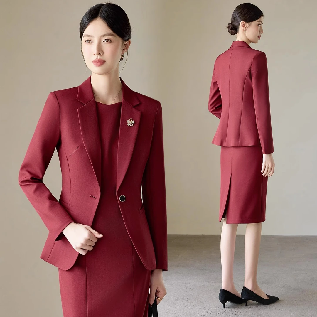 酒红色西装外套女职业正装春秋季2025新款气质高端连衣裙西服套装