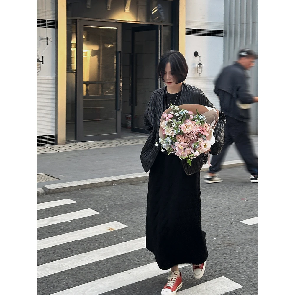 SHIIEELL夏季新款黑色显瘦百搭刀切棉菱形格休闲直筒半身裙P1010