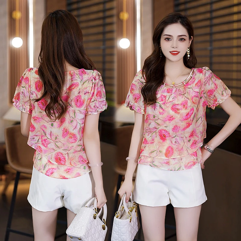 时尚气质雪纺衫女夏设计感甜美洋气小衫宽松减龄遮肚显瘦花色上衣