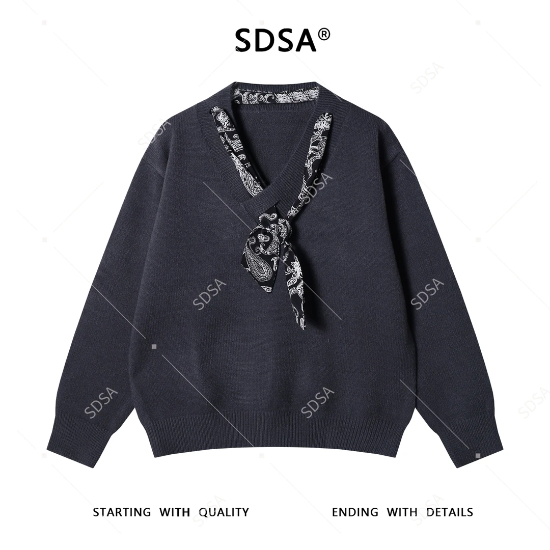 SDSA秋冬新款痞帅男装慵懒风V领丝巾针织衫气质感休闲百搭毛衣