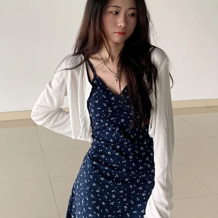 夏日清新白色冰丝夏季防晒开衫吊带裙子外搭小坎肩背心短外套