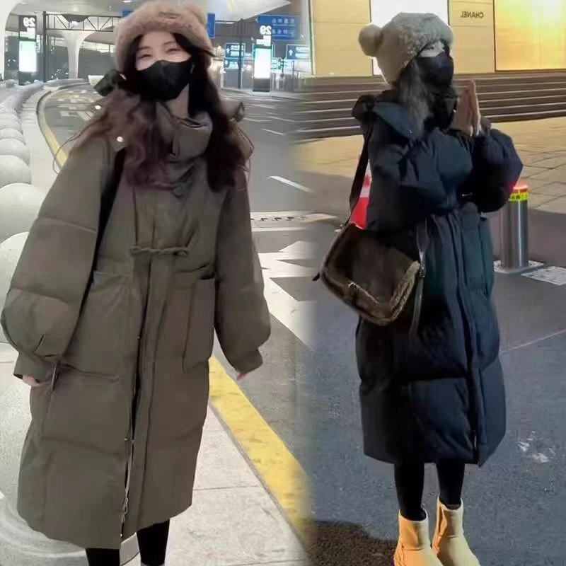 冬季新款牛角扣加厚连帽棉服女韩版宽松面包服长款棉衣外套