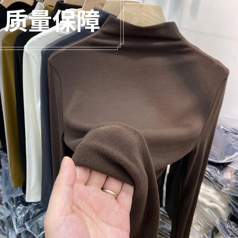 德绒辣妈外出哺乳打底衫秋冬内搭紧身中领T恤加绒磨毛产后喂奶衣