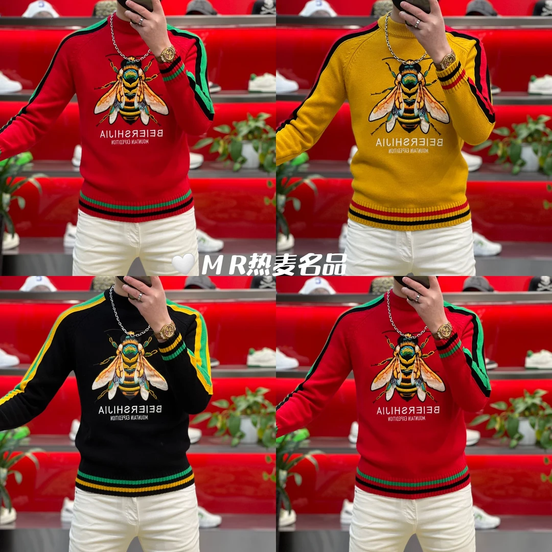 【星欧甄选】冬季羊毛衫绣花蜜蜂拼色25款 男士修身保暖圆领毛衫