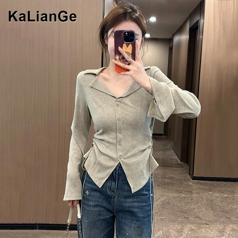 卡莲格/V领抽绳褶皱长袖T恤女早秋胖mm收腰显瘦设计感针织打底衫