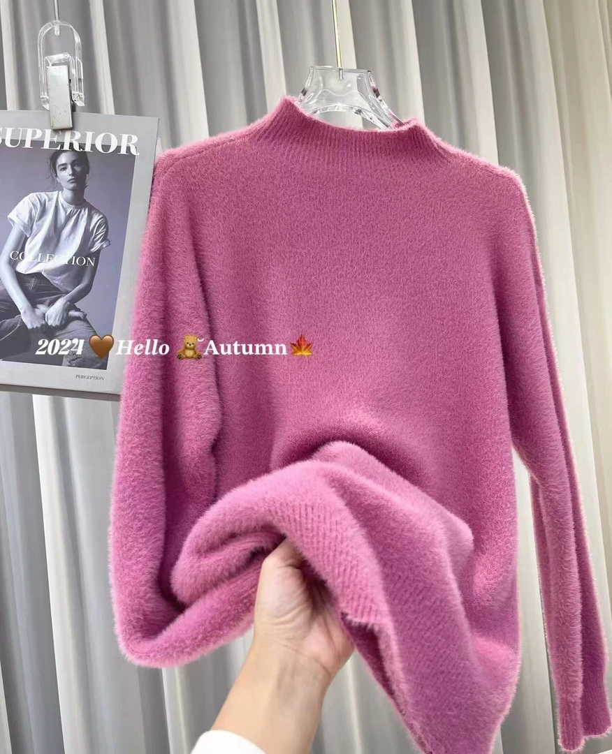 6287秋冬半高领宽松毛衣貂貂绒柔软不掉毛不起球针织上衣