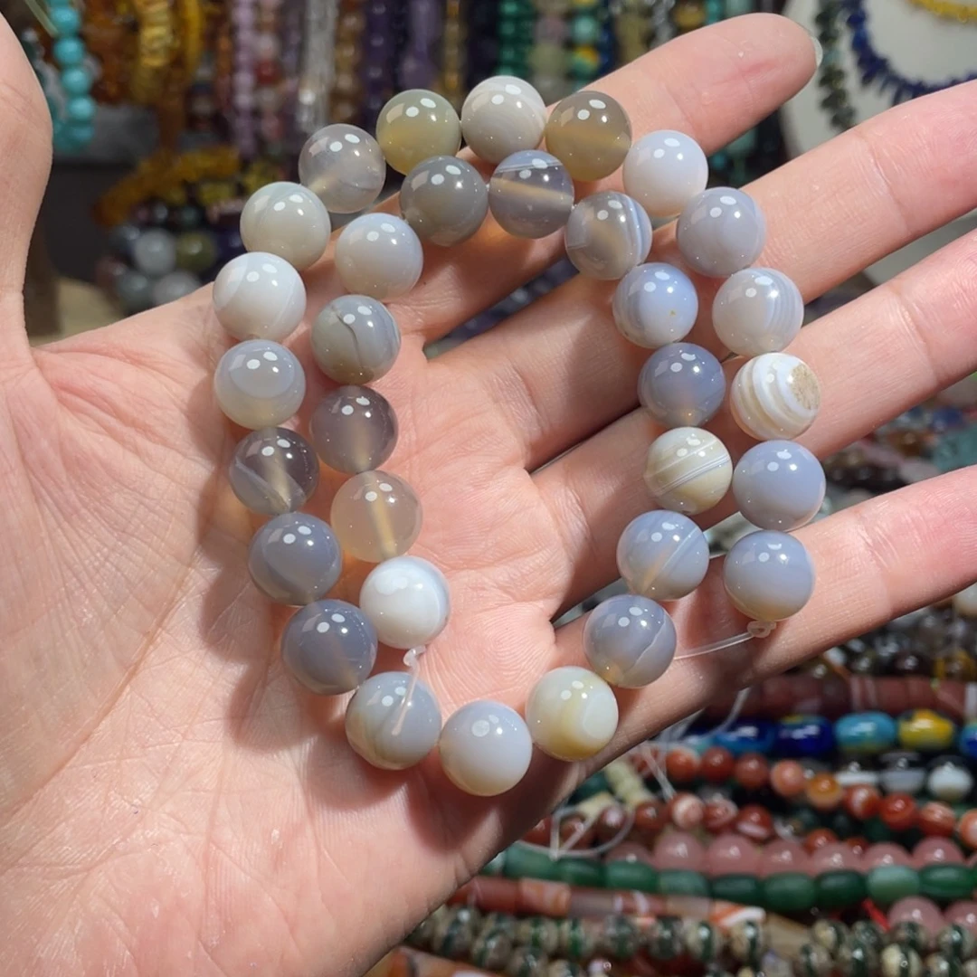 石英质玉，烟灰线条玛瑙12mm，未镶嵌