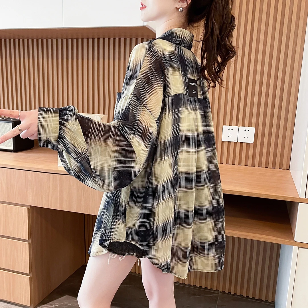 星空闪防晒衣外套女夏季新款韩版洋气薄款格子设计感长袖防晒衬衫